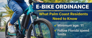 E-bike ordinance explainer graphic outlining key rules Palm Coast residents should know, including age limits, speed requirements, and HOA considerations.