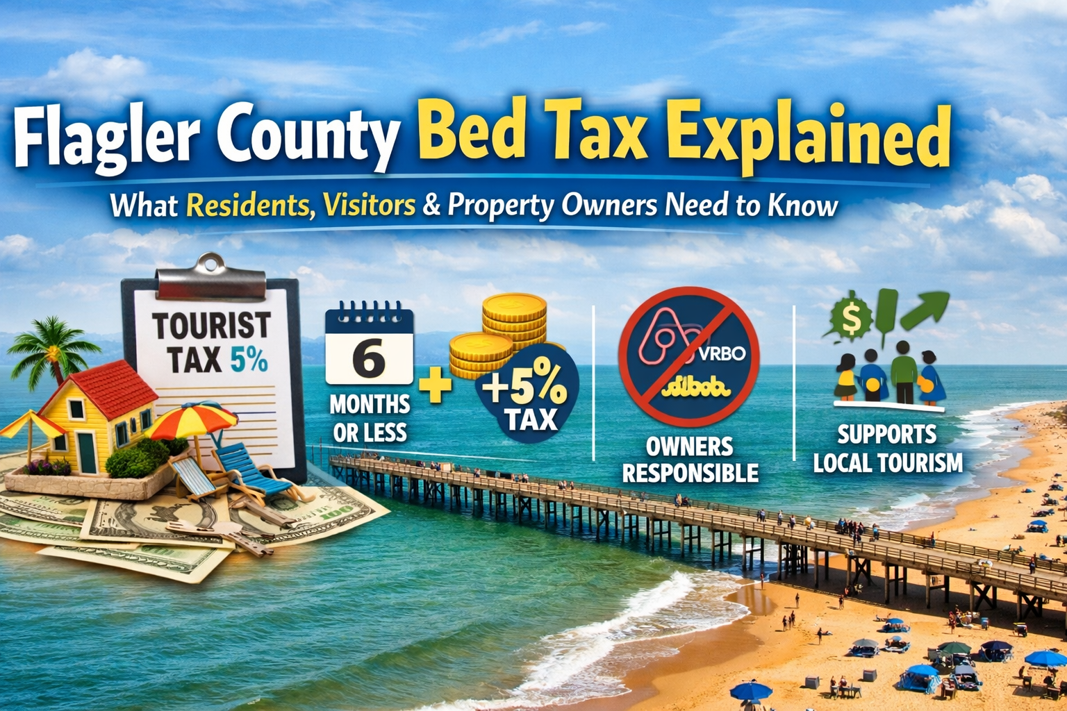 Wide coastal view of Flagler County’s shoreline with a pier extending into the Atlantic Ocean, overlaid with informational icons representing short-term rentals, taxes, and property ownership, illustrating an overview of how the Flagler County Tourist Development (bed) tax applies to residents, visitors, and property owners.