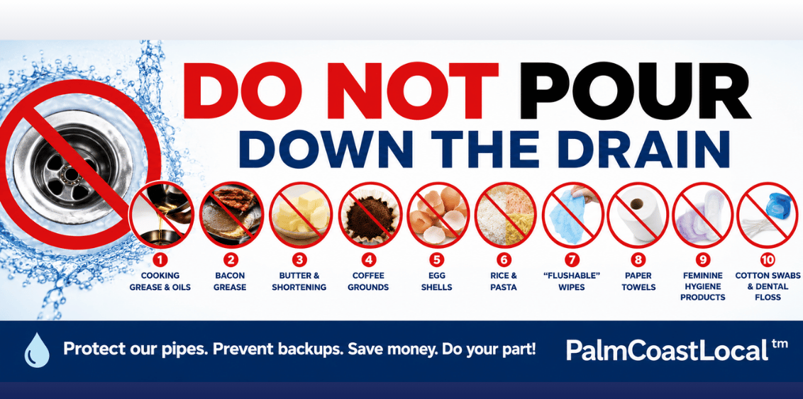 Wide public service infographic featuring a large “DO NOT POUR DOWN THE DRAIN” headline above images of common sewer-clogging items marked with red warning circles. The graphic includes cooking grease and oils, bacon grease, butter and shortening, coffee grounds, egg shells, rice and pasta, flushable wipes, paper towels, feminine hygiene products, and cotton swabs with dental floss. A large drain symbol with a red prohibition icon appears on the left beside water splash graphics. The bottom banner reads, “Protect our pipes. Prevent backups. Save money. Do your part!” followed by PalmCoastLocal™ branding.