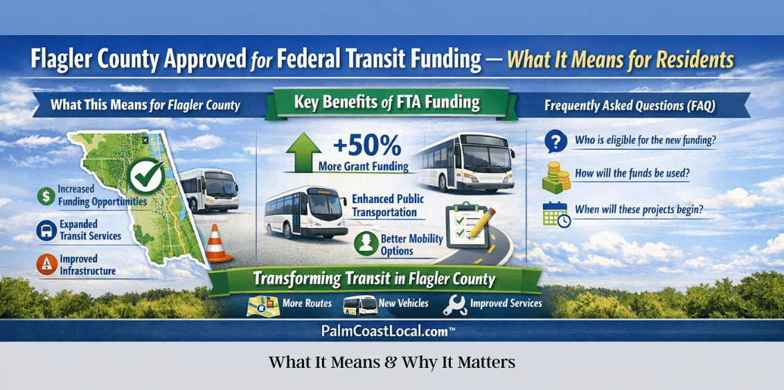 showing a Flagler County public transit bus in a residential Florida setting with overlay icons representing federal funding, infrastructure growth, and planning, alongside a government building symbolizing newly approved Federal Transit Administration funding.