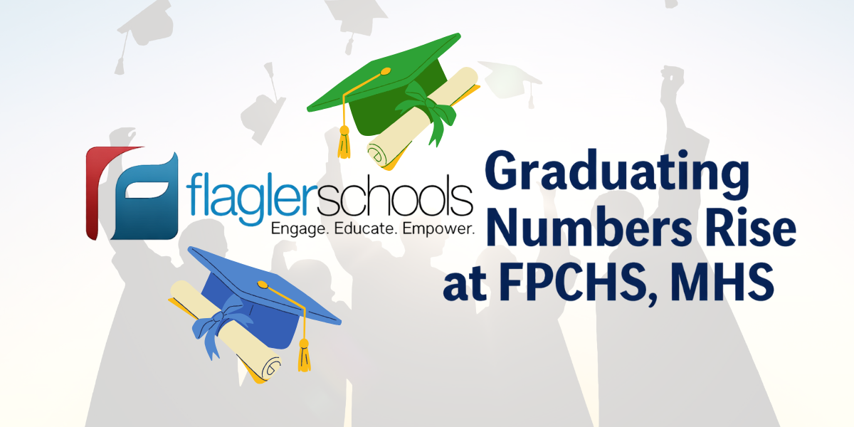 Flagler Schools graduation banner featuring Flagler Schools logo and headline “Graduating Numbers Rise at FPCHS, MHS” with green and blue graduation caps representing Flagler Palm Coast High School and Matanzas High School, highlighting increased graduation rates in Palm Coast and Flagler County for the 2024–2025 school year.