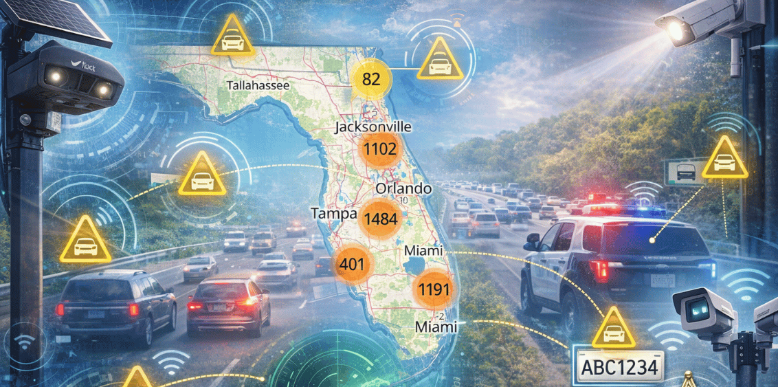 A visual map of Florida highlighting the distribution of automated license plate reader (ALPR) cameras, including Flock Safety systems, with clustered markers across major cities such as Jacksonville, Orlando, Tampa, and Miami. The image includes overlay graphics representing surveillance cameras, vehicle tracking, traffic flow, and law enforcement activity, illustrating the widespread presence of ALPR technology across the state.