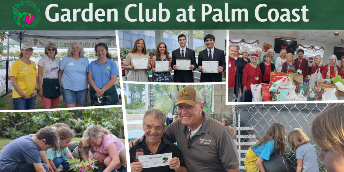 A wide hero collage shows real members and volunteers of The Garden Club at Palm Coast participating in community activities. The images include women representing the Club at Arbor Day 2025, high school students holding scholarship certificates, members organizing holiday donation drives, children planting flowers and trees with adult guidance, volunteers contributing to beautification efforts, and a young child observing a blooming yellow flower. A green banner across the top reads “Garden Club at Palm Coast,” emphasizing the organization’s longstanding civic involvement and multi-generational impact in Palm Coast, Florida.