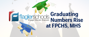 Flagler Schools logo with headline “Graduating Numbers Rise at FPCHS, MHS,” featuring green and blue graduation caps symbolizing Flagler Palm Coast High School and Matanzas High School and highlighting increased graduation rates across Palm Coast and Flagler County.