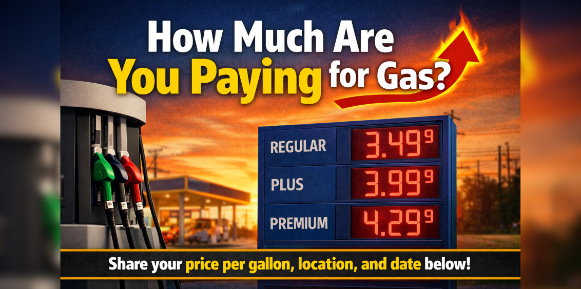 Wide-angle image of a gas pump and price display at a Palm Coast, Florida gas station with bold headline asking, “Are Gas Prices On The Rise?” inviting residents of Palm Coast and Flagler County to share the price they paid in March 2026.