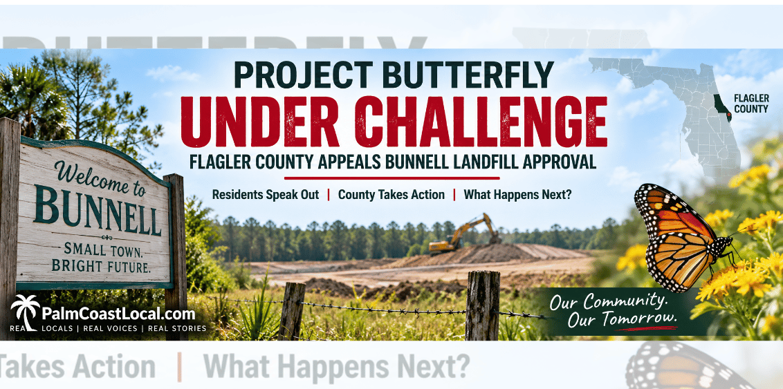 Project Butterfly graphic showing a proposed landfill site west of Bunnell with heavy equipment, a monarch butterfly, Bunnell signage and a Florida map highlighting Flagler County.