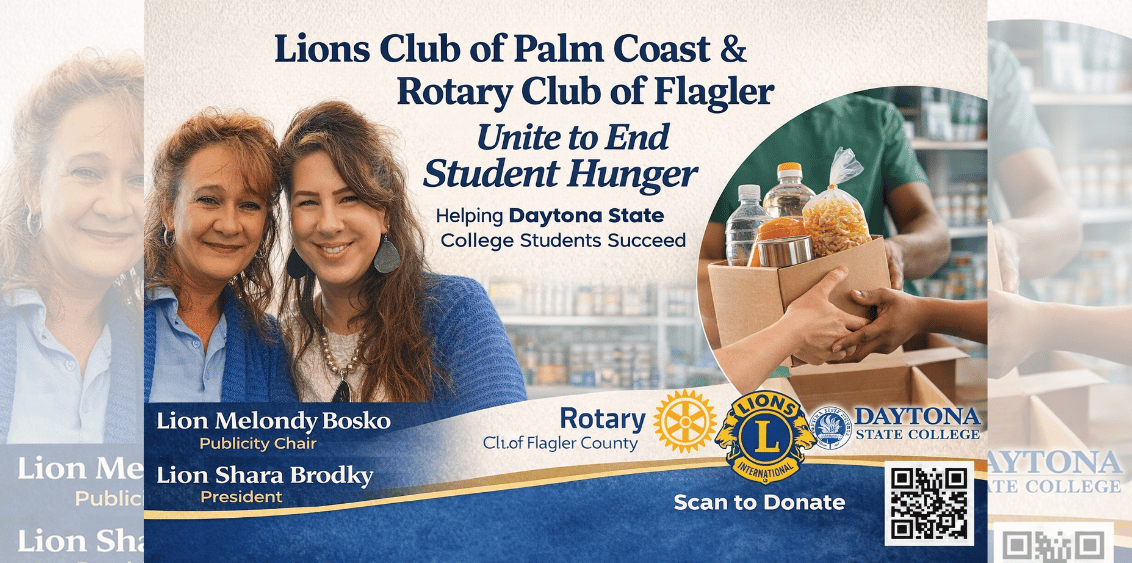 Falcon Fuel Donation Drive flyer supporting Daytona State College Flagler Palm Coast campus students with food donations through the HOPE Center program including QR code and donation details | Palm Coast Local