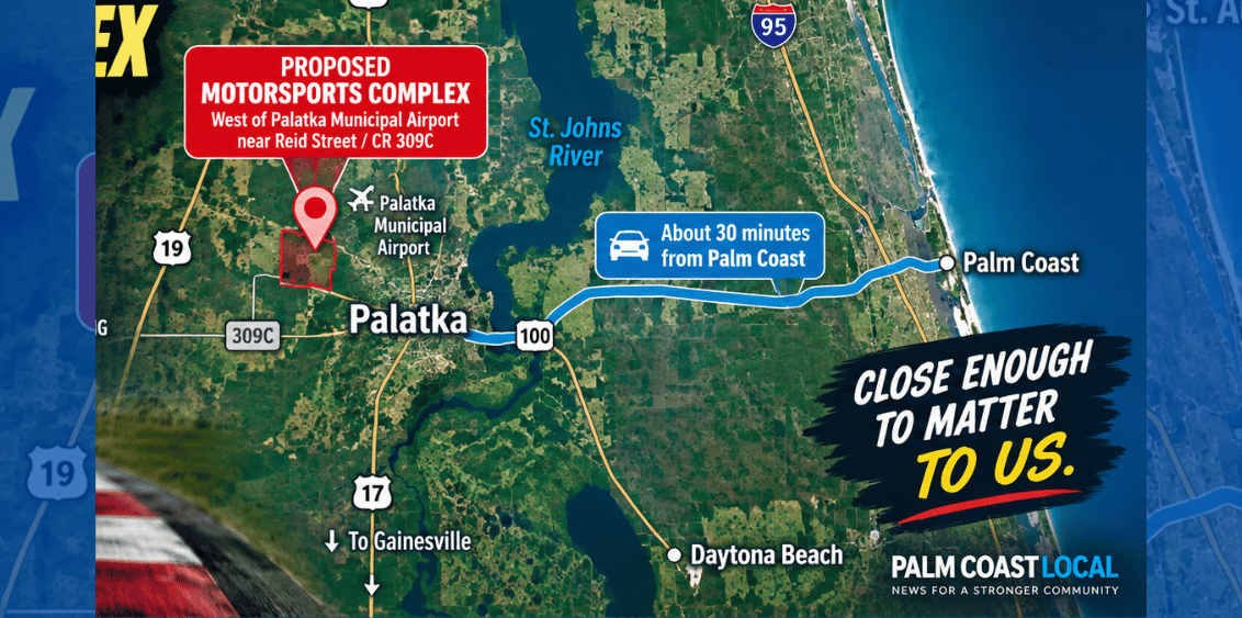 Map showing the proposed 440-acre, $200 million motorsports complex west of Palatka Municipal Airport, highlighting its proximity to Palm Coast and Northeast Florida on PalmCoastLocal.com.