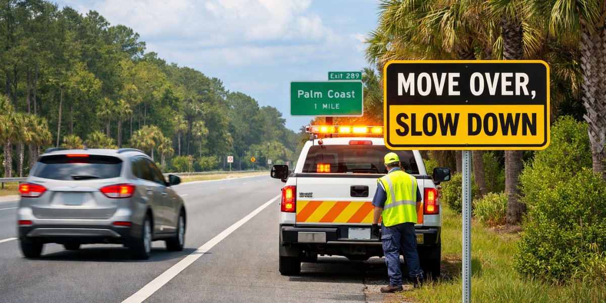 A daytime roadside safety scene along a Florida highway near Palm Coast shows a white service truck parked on the shoulder with amber warning lights flashing. A roadside worker wearing a bright yellow-green safety vest stands beside the truck while traffic passes in the adjacent lane. A large black and yellow roadside sign reads “MOVE OVER, SLOW DOWN,” reinforcing Florida’s Move Over Law. In the background, palm trees line the road, a green highway sign indicates Palm Coast one mile ahead, and a silver SUV moves into the left lane under a blue sky with scattered clouds, illustrating safe driving behavior in Flagler County.