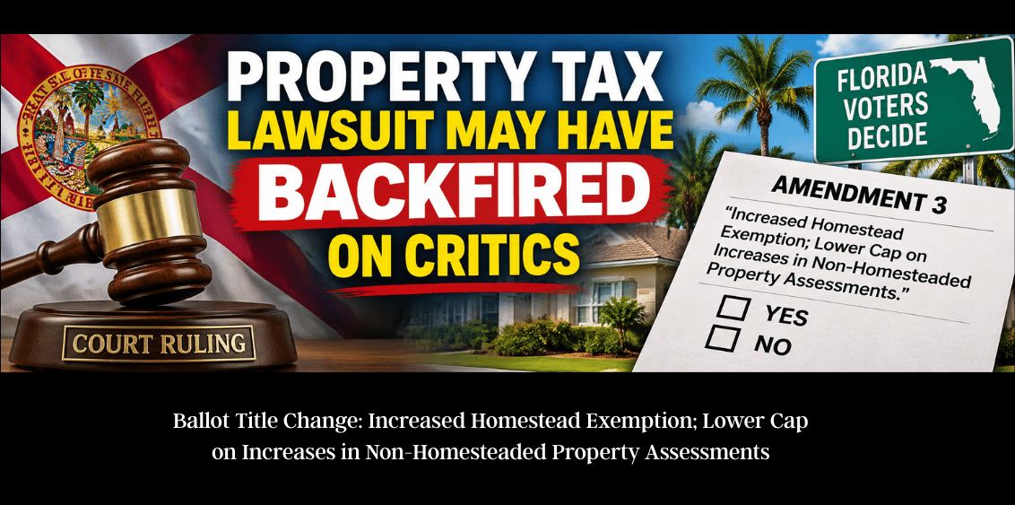 Florida property tax Amendment 3 graphic featuring a judge’s gavel, Florida flag, Florida home and ballot highlighting the court-ordered ballot title change.