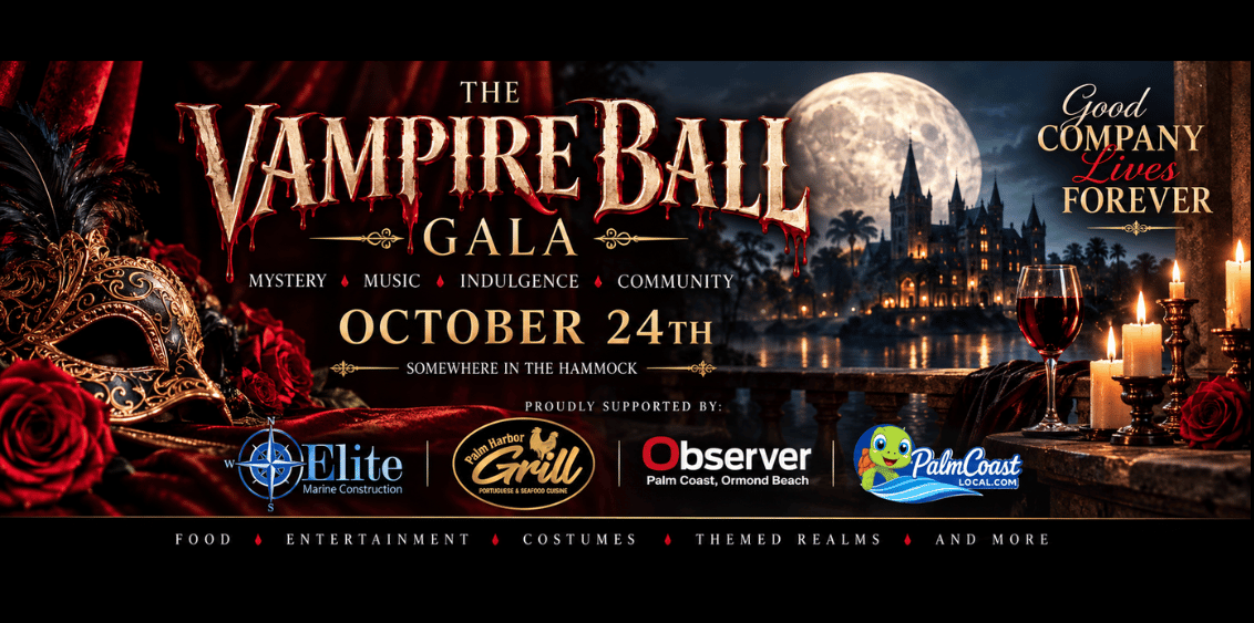 he Vampire Ball Gala promotional banner featuring a moonlit castle, masquerade mask, candles, red roses and sponsor logos for the October 24 immersive experience in The Hammock on PalmCoastLocal.com.