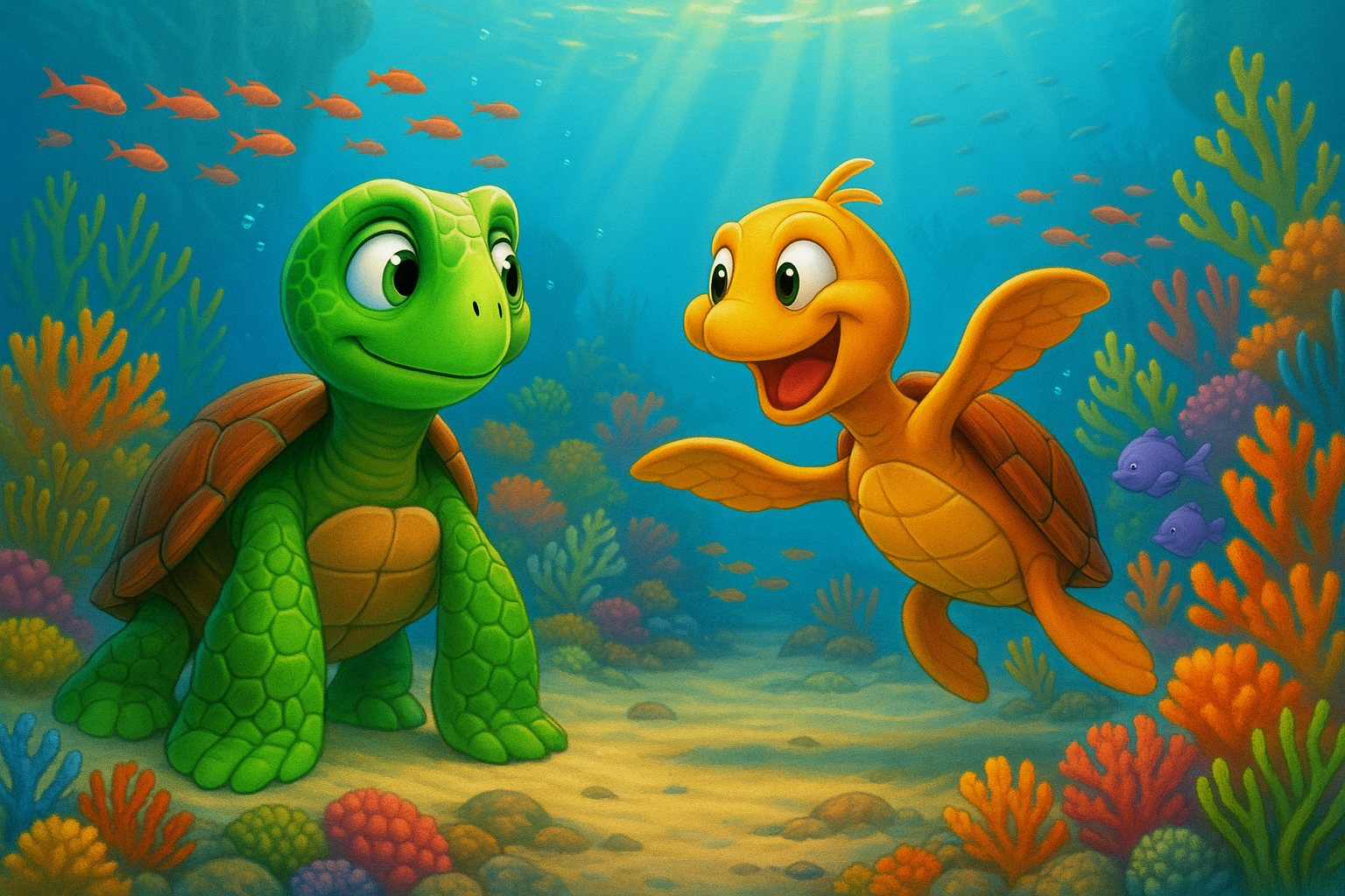 Sammy the sea turtle meets Skipper, a smaller, excited turtle with a big smile, surrounded by coral and tropical fish.