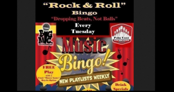 Rock & Roll Bingo Night at Palm Coast Lanes on January 20, 2026 featuring music bingo, prize giveaways, drink specials, and a fun, family-friendly atmosphere in Palm Coast, Florida.