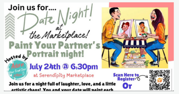 Couples painting portraits of each other during a creative date night event at Serendipity Marketplace featuring dinner, dessert, and art activities.