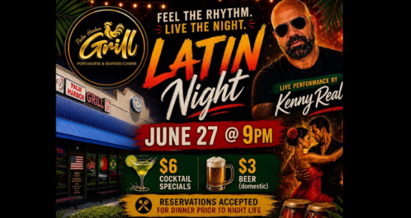 Latin Night at Palm Harbor Grill featuring live music by Kenny Real, dancing, cocktails, and nightlife entertainment on June 27, 2026 at 9 PM.