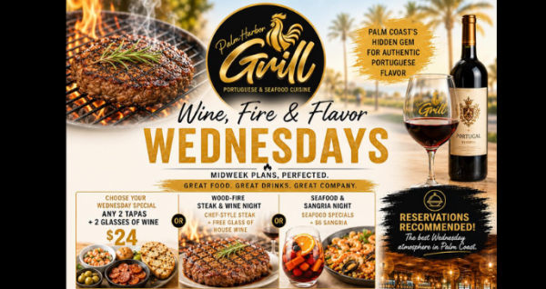 Wednesday dining special at Palm Harbor Grill featuring tapas, wine, steak, seafood, sangria, and Portuguese cuisine in Palm Coast.