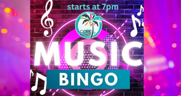 Music Bingo at Cork and Pint in Palm Coast Florida featuring event times and prize information.