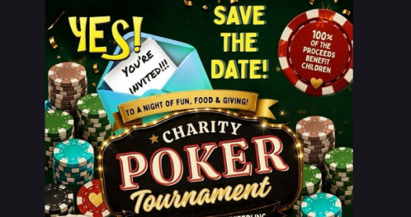 Charity Poker Tournament featuring poker chips, playing cards, trophy graphic, and event schedule times.