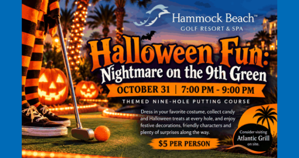 Halloween putting course with pumpkins and spooky decorations for Nightmare on the 9th Green at Hammock Beach on PalmCoastLocal.com