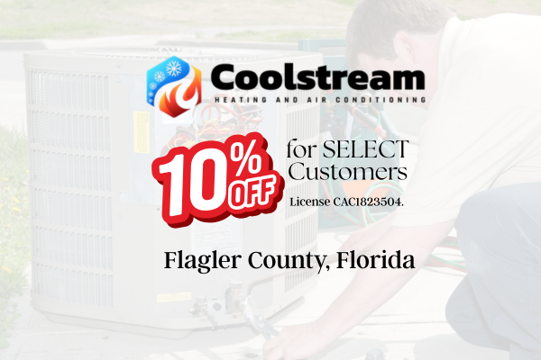 A promotional image for Coolstream Heating and Air Conditioning featuring service van images, AC equipment installations, and contact details.